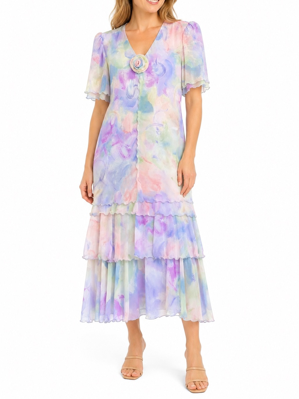 Cattiva Vintage Pastel Watercolor Chiffon Tiered Maxi Dress Size 16